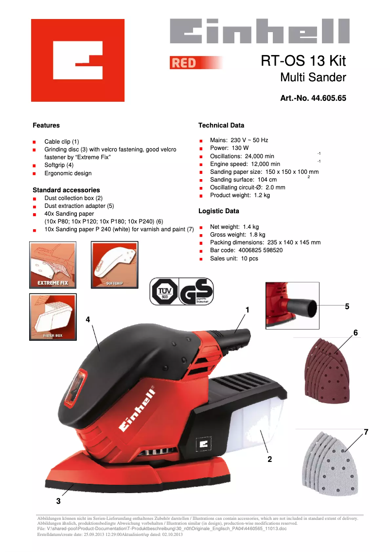 Page 1 of the manual Technical Sheet Einhell RT-OS 13 Kit