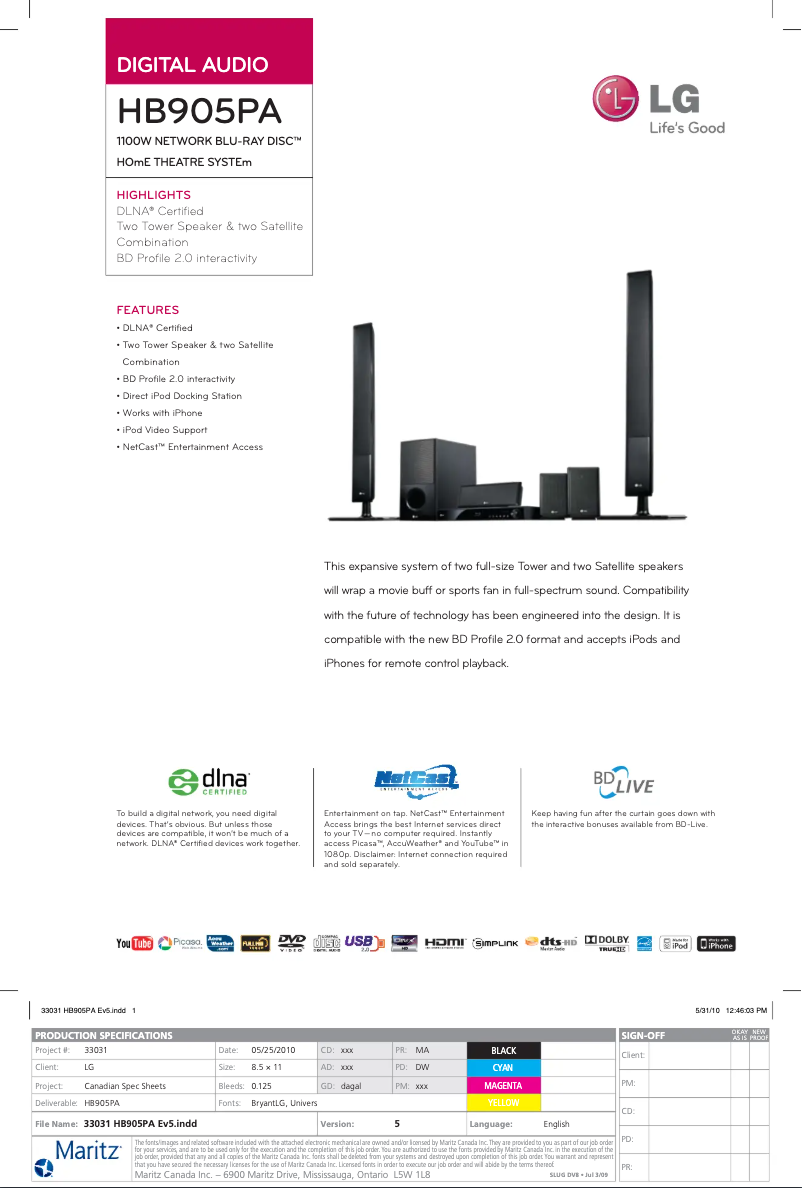 Page 1 of the manual Technical Sheet LG HB905PA