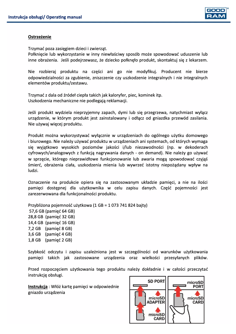 Page 1 of the manual User Manual Goodram microSDHC Class 4