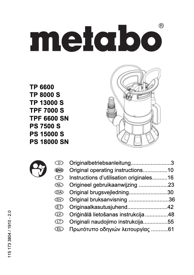 Page 1 of the manual User Manual Metabo TPF 7000 S