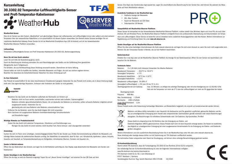 First page image of the manual for WeatherHub 30.3302.02