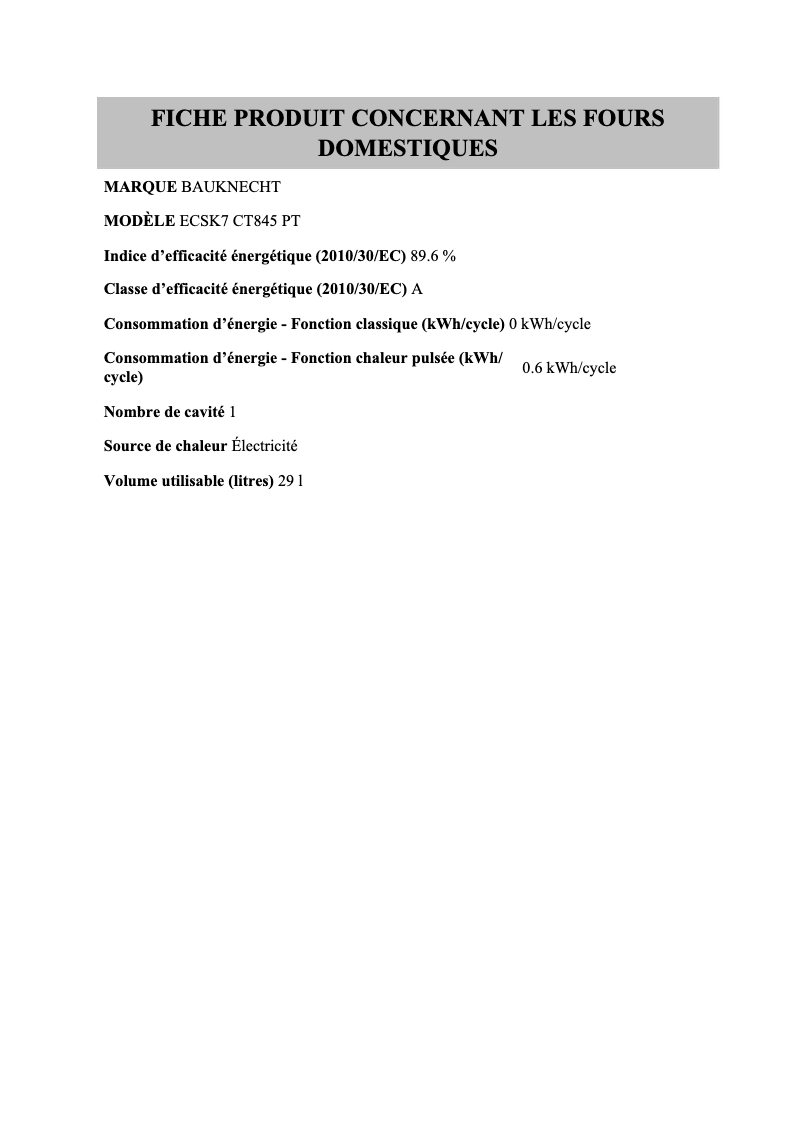 Page 1 of the manual Technical Sheet Bauknecht ECSK7 CT845 PT