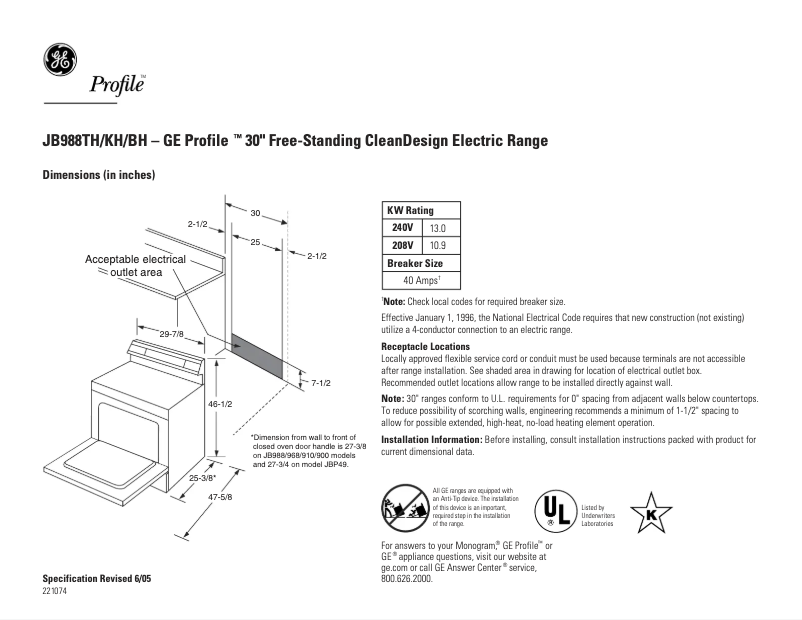 Page 1 of the manual Technical Sheet GE Profile JB988BHBB