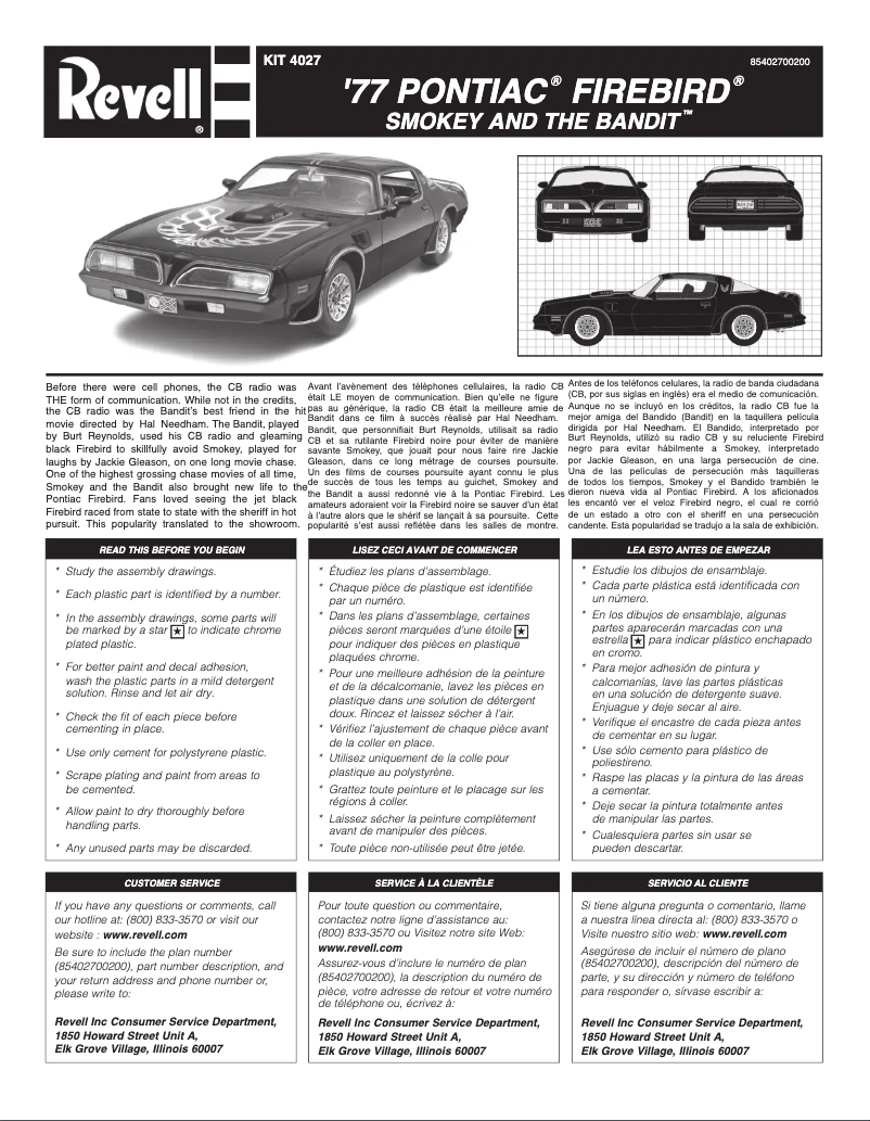 Page 1 of the manual User Manual Revell Smokey and the Bandit '77 Pontiac Firebird