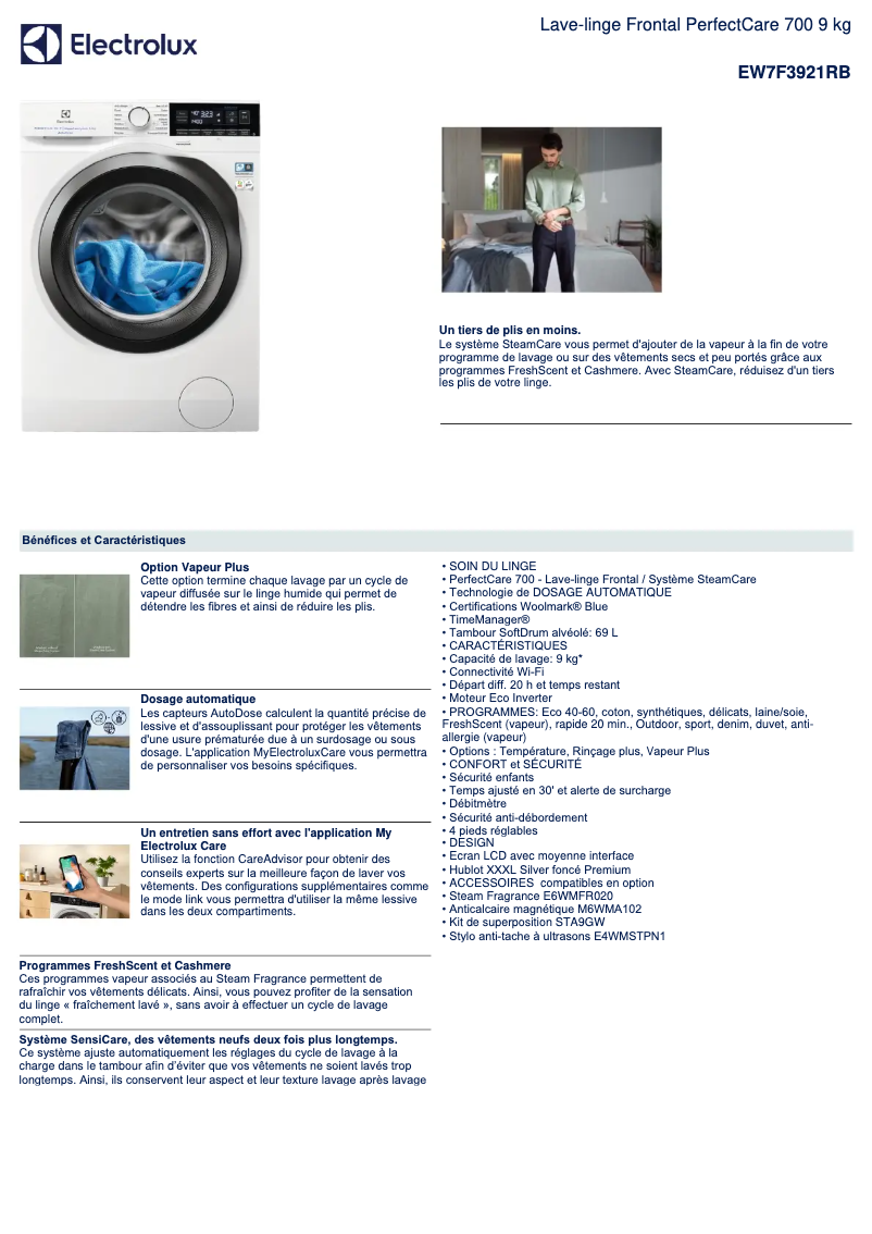 Page 1 of the manual Technical Sheet Electrolux EW7F3921RB