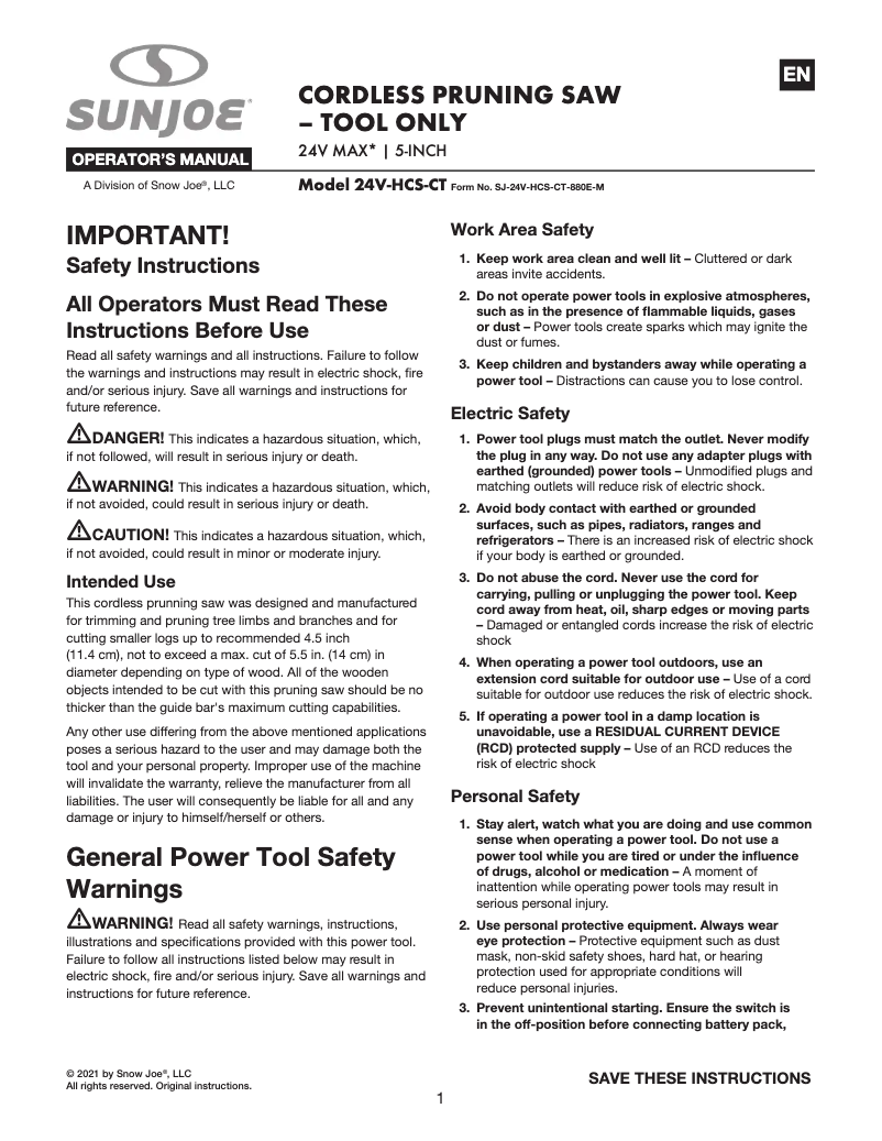 Page 1 of the manual User Manual Sun Joe 24V-HCS-CT