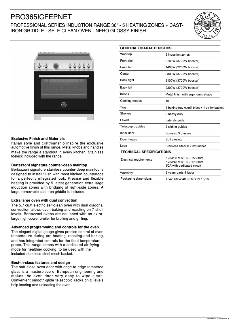 Page 1 of the manual Technical Sheet Bertazzoni PRO365ICFEPNET