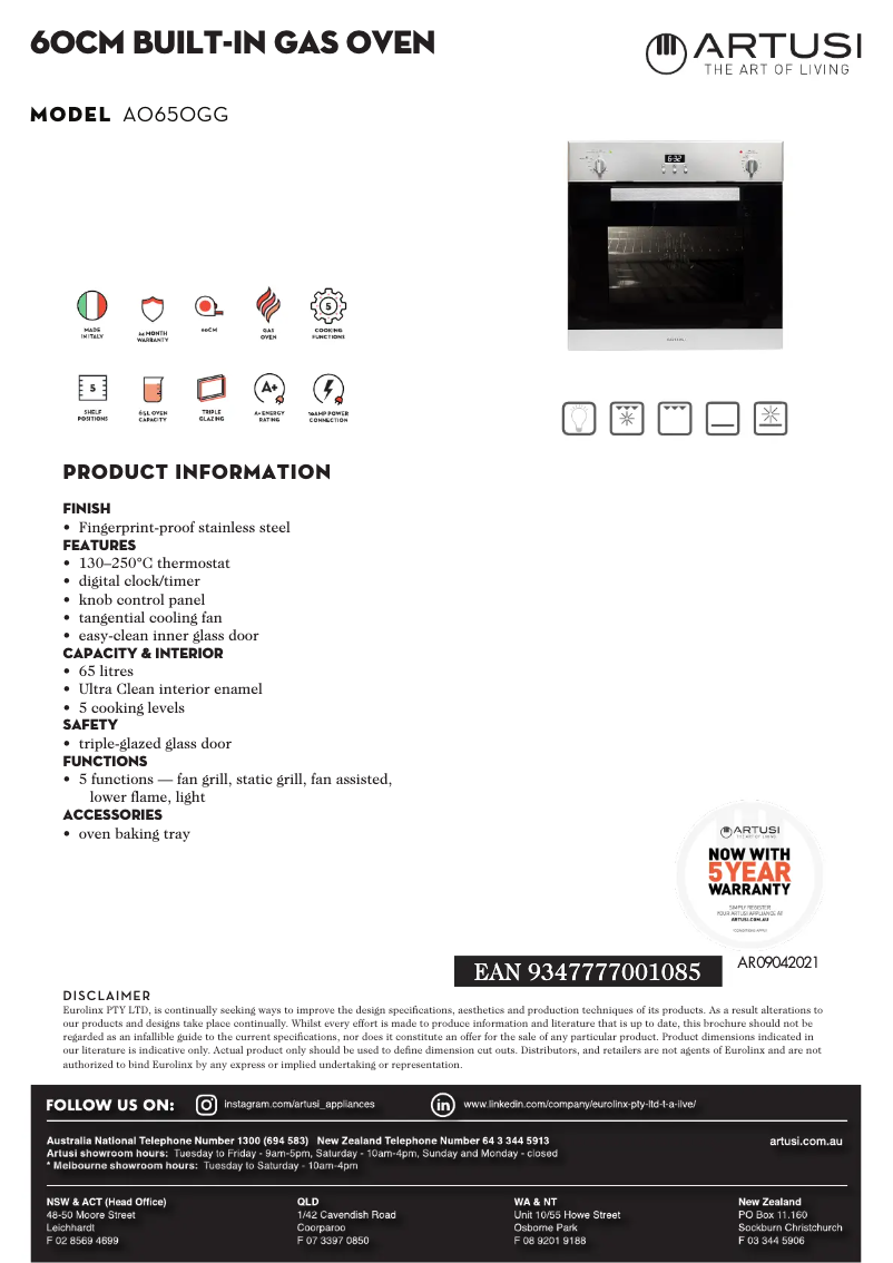 Page 1 of the manual Technical Sheet Artusi AO650GG