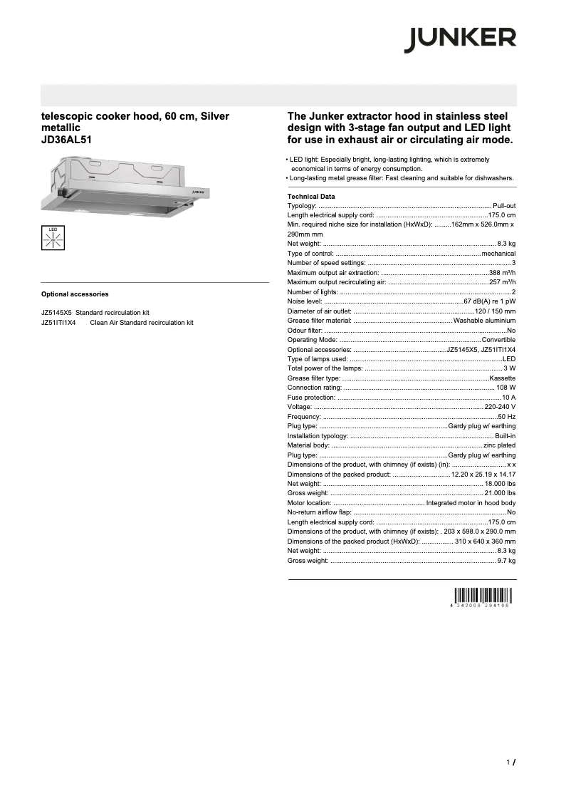 Page 1 of the manual Technical Sheet Junker JD36AL51