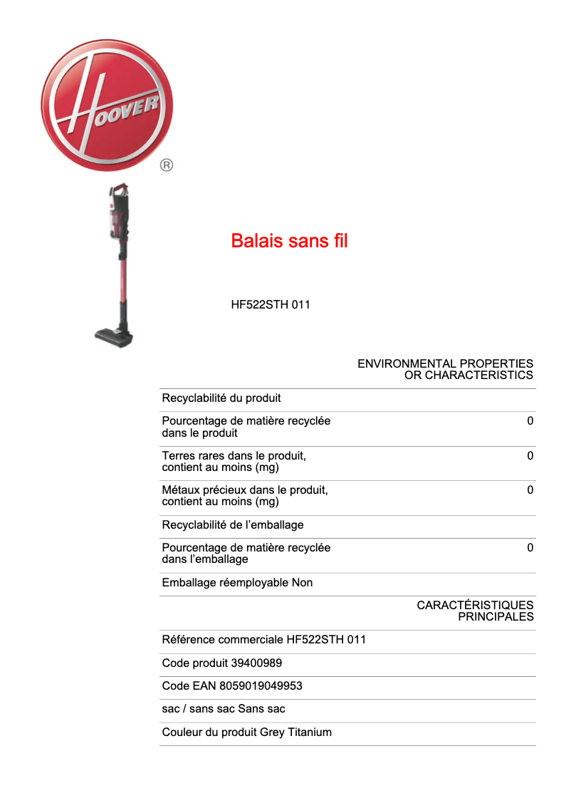 First page image of the manual for H-FREE 500 HF522STH 011