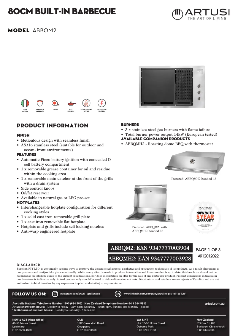Page 1 of the manual Technical Sheet Artusi ABBQM2