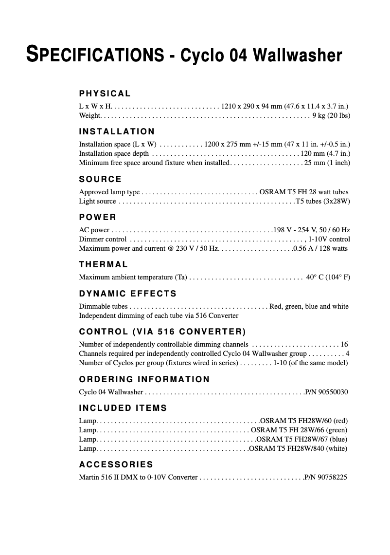 Page 1 of the manual Technical Sheet Martin Cyclo 04 Wallwasher