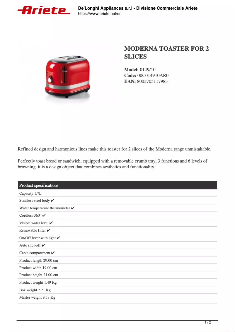 Page 1 de la notice Fiche technique Ariete 149