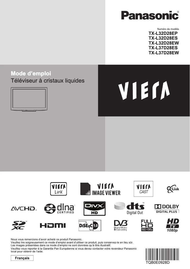 First page image of the manual for Viera TX-L37D28ES