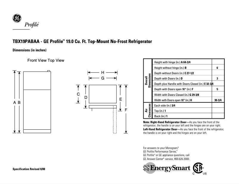 Page 1 of the manual Technical Sheet GE Profile TBX19PABAA