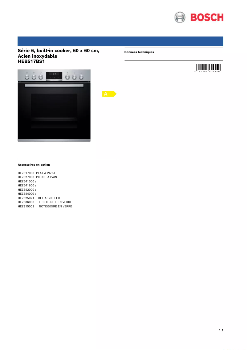 Page 1 of the manual Technical Sheet Bosch HEB517BS1