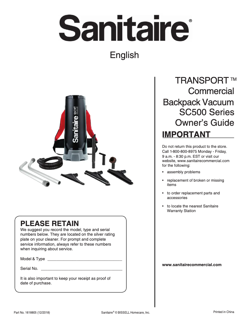 Page 1 of the manual User Manual Sanitaire TRANSPORT QuietClean SC535A