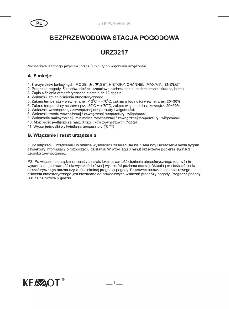 Page 1 of the manual User Manual Kemot URZ3217