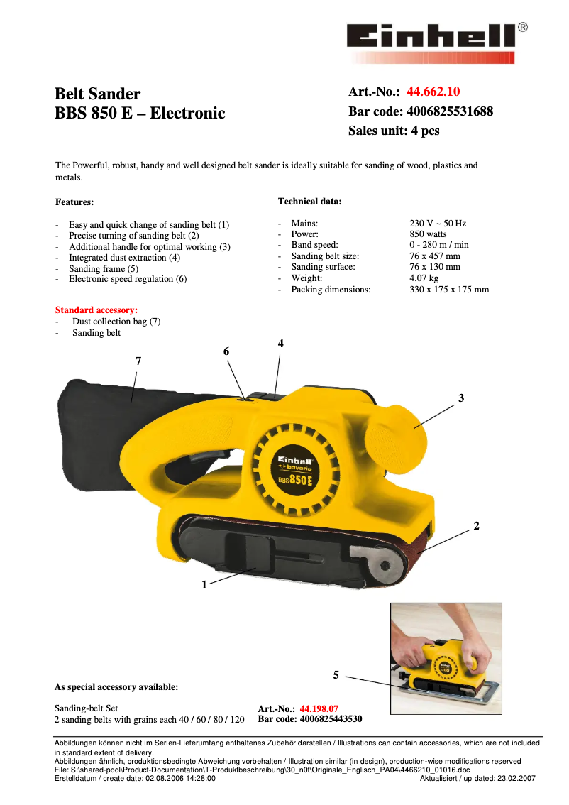 Page 1 of the manual User Manual Bavaria by Einhell BBS 850 E