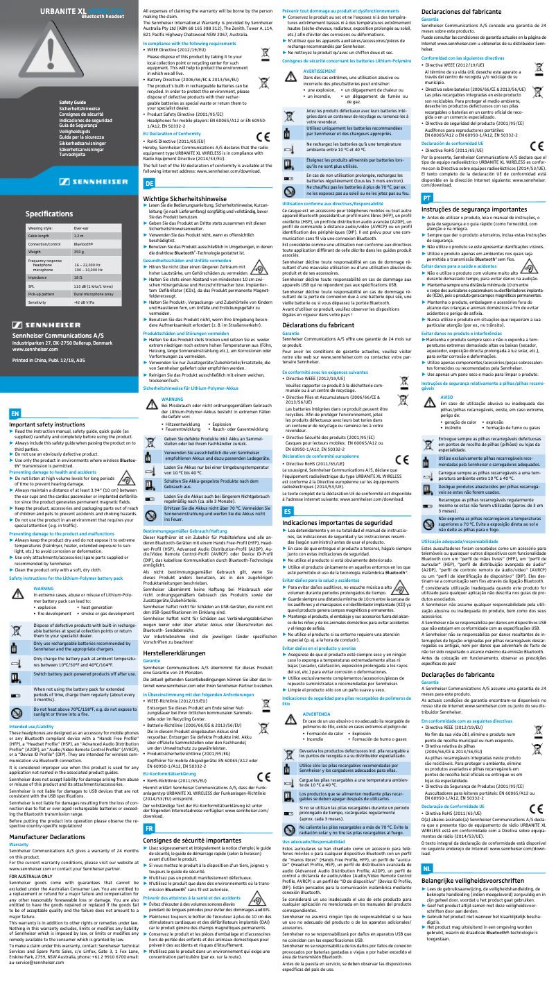 Page 1 of the manual Safety Instructions Sennheiser Urbanite XL Wireless
