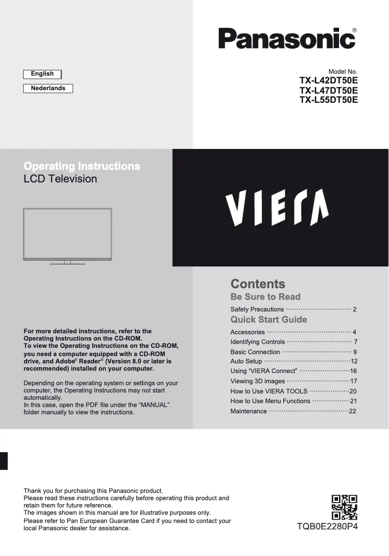 First page image of the manual for Viera TX-L42DT50E