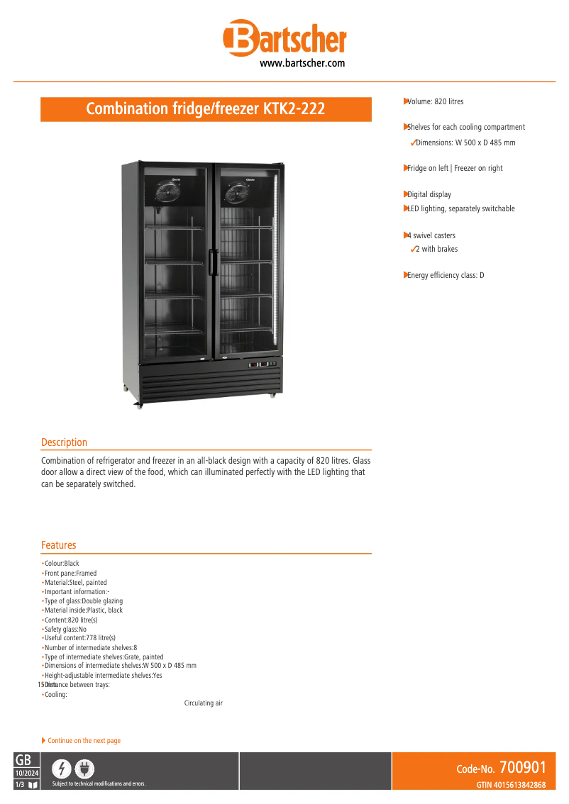Page 1 de la notice Fiche technique Bartscher KTK2-222