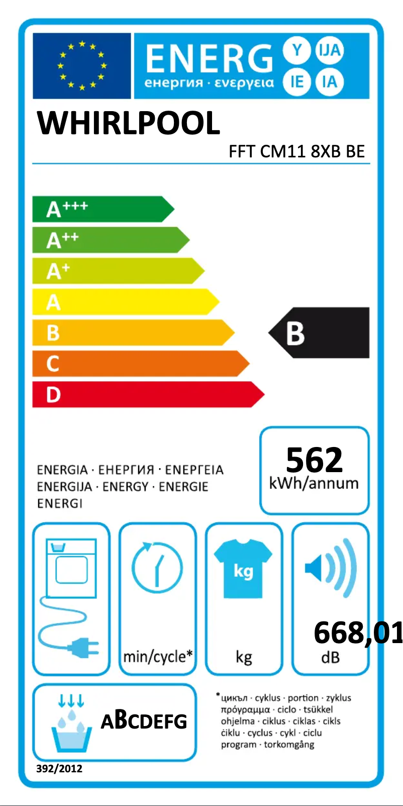 Page 1 of the manual Energy Label Whirlpool FFT CM11 8XB BE