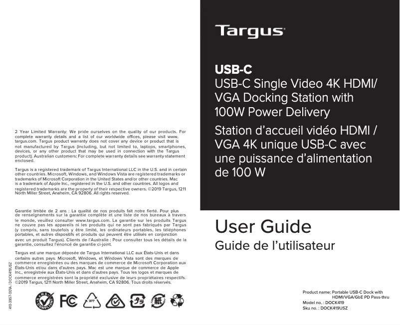Page 1 of the manual User Manual Targus DOCK419