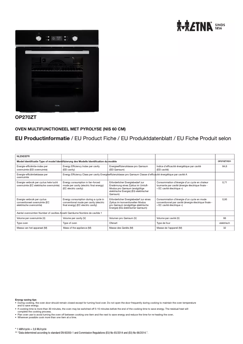 Page 1 of the manual Technical Sheet Etna OP270ZT