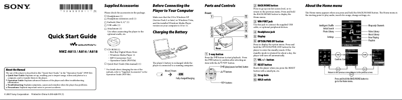 Page 1 of the manual Installation Guide Sony NWZ-A816