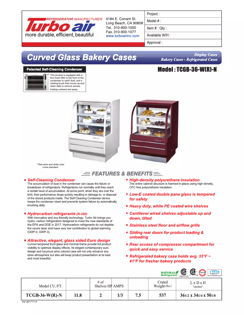 Page 1 of the manual Technical Sheet Turbo air TCGB-36-2