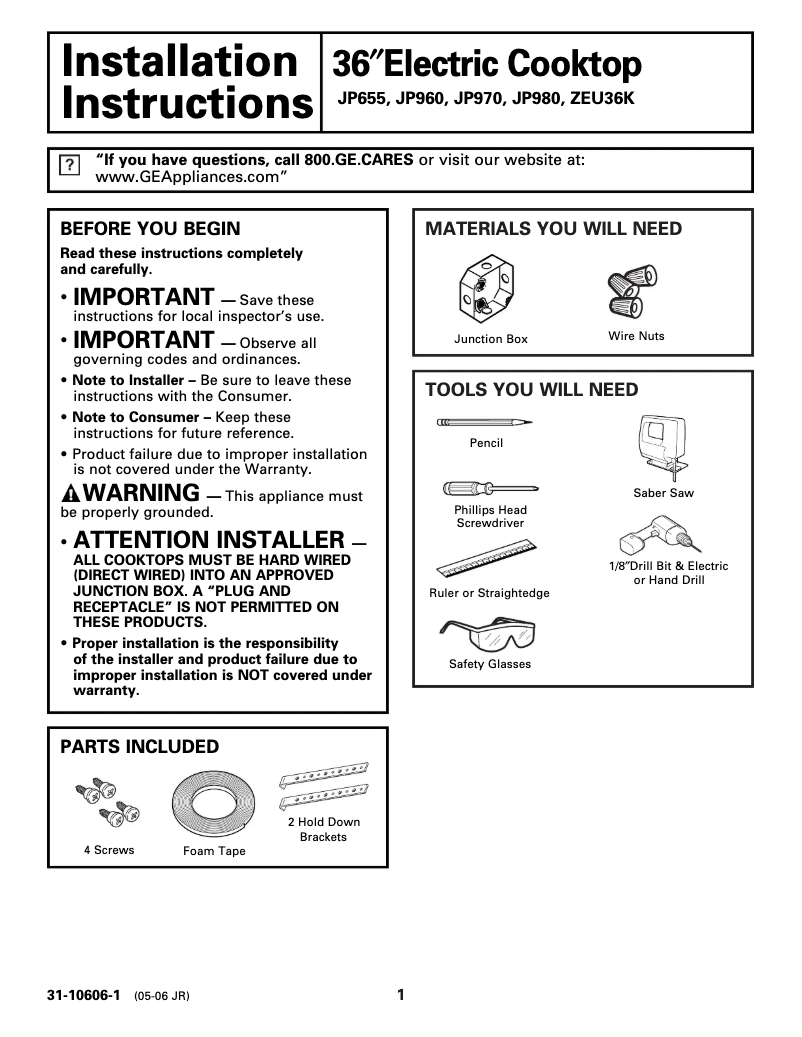Page 1 of the manual Installation Guide GE Profile JP970BKBB