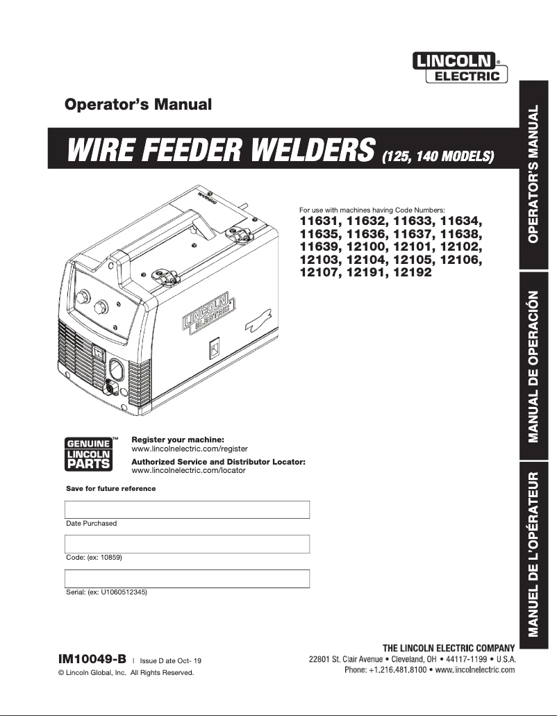 Page 1 de la notice Manuel utilisateur Lincoln Electric Easy MIG 140