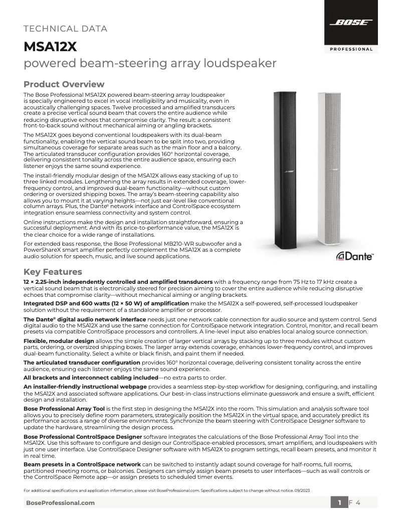 Page 1 of the manual Technical Sheet Bose Panaray MSA12X