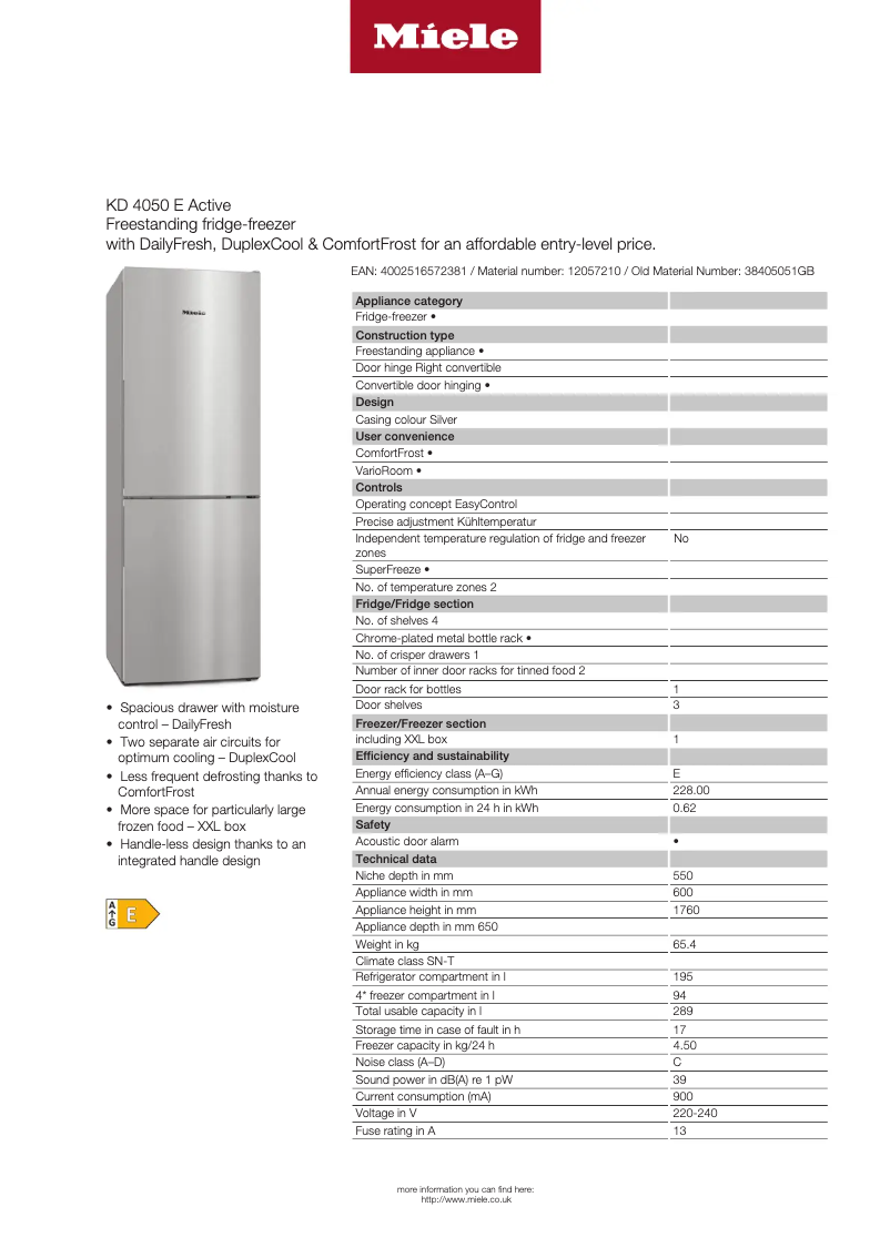 Page 1 of the manual Technical Sheet Miele KD 4050 E Active