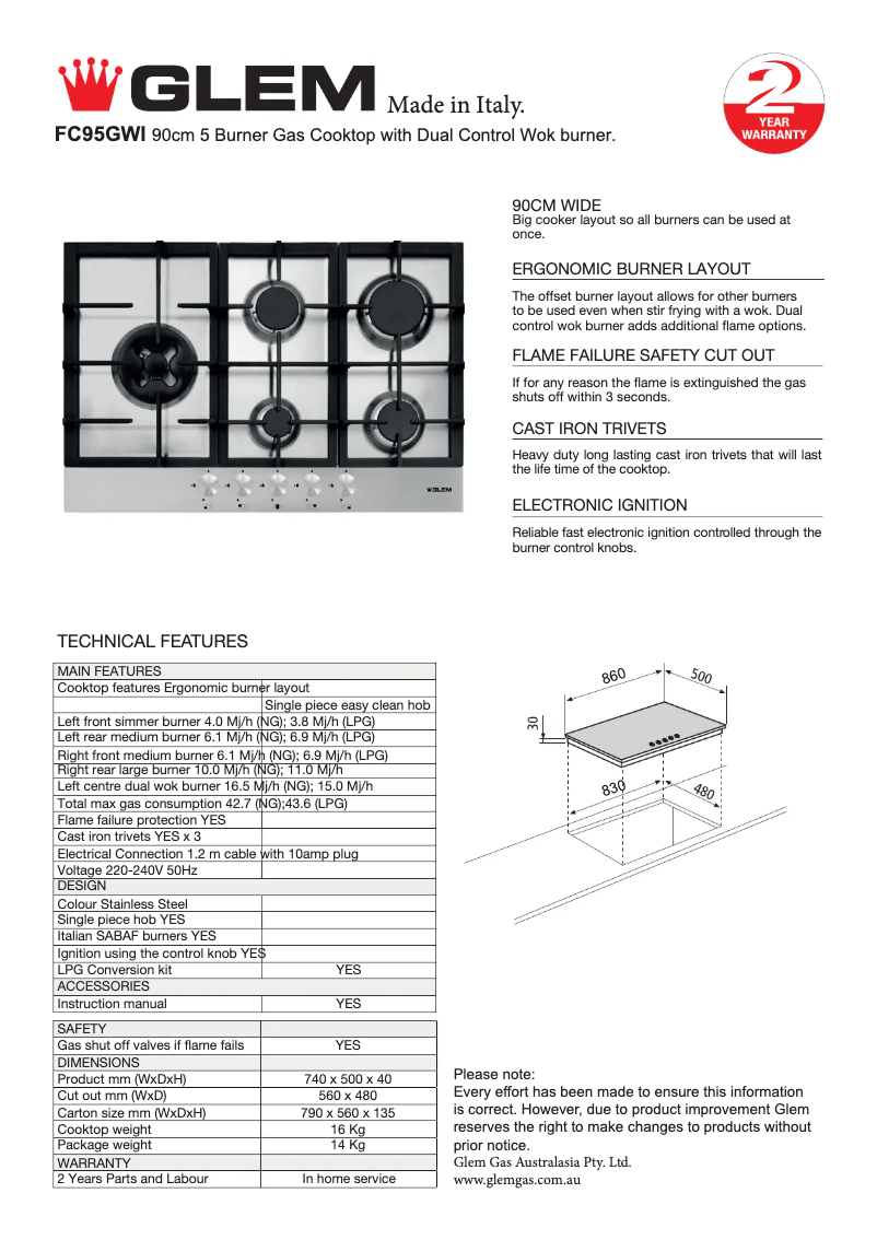 Page 1 of the manual Technical Sheet Glem Gas FC95GWI