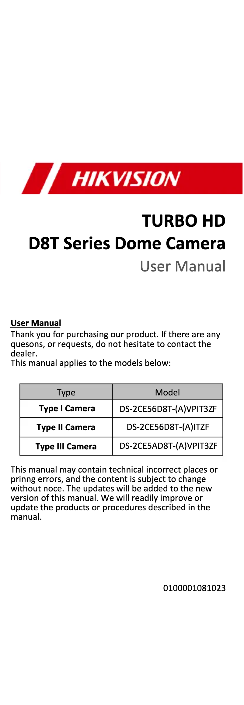 First page image of the manual for DS-2CE56D8T-IT3ZF