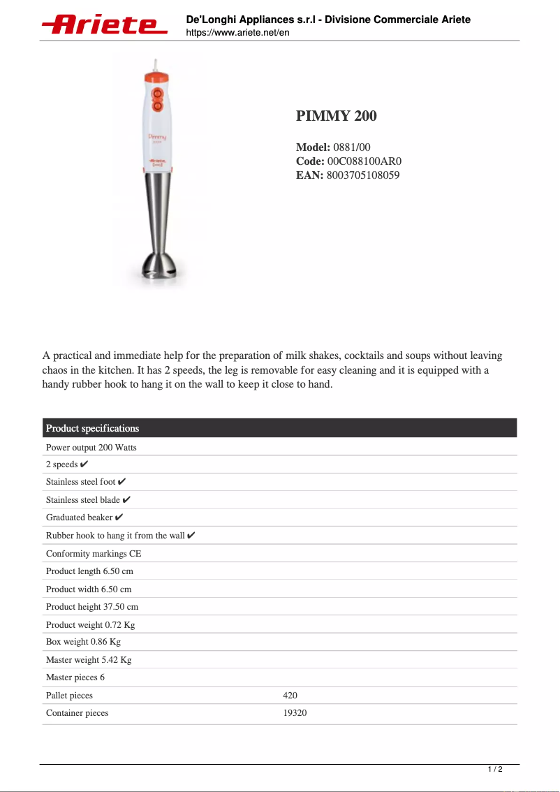 Page 1 of the manual Technical Sheet Ariete Pimmy 200