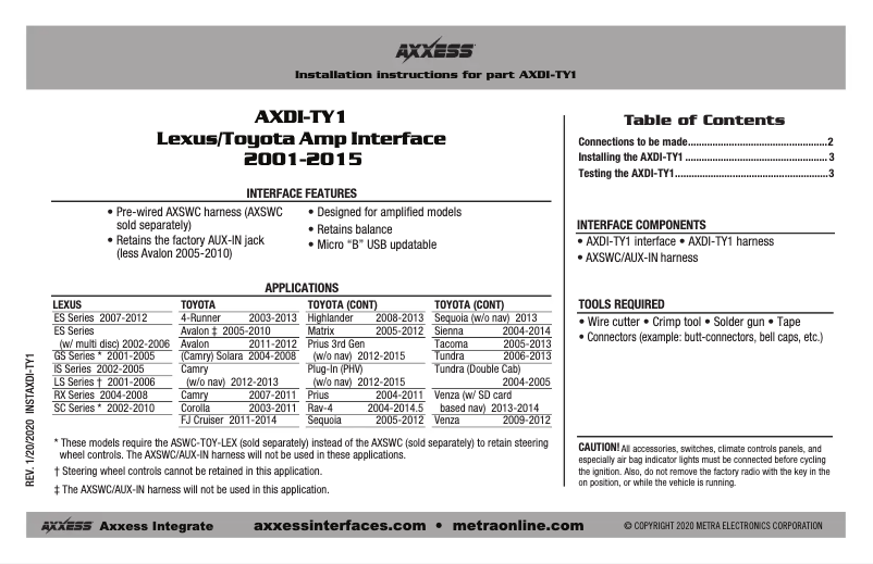 First page image of the manual for AXDI-TY1