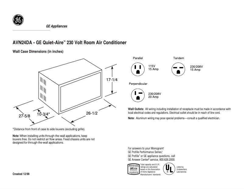 Page 1 of the manual Technical Sheet GE Quiet-Aire AVN24DA