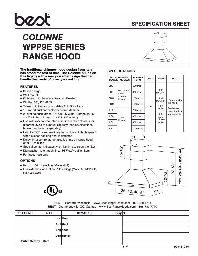Page 1 of the manual Technical Sheet Best Colonne WPP9E36SB