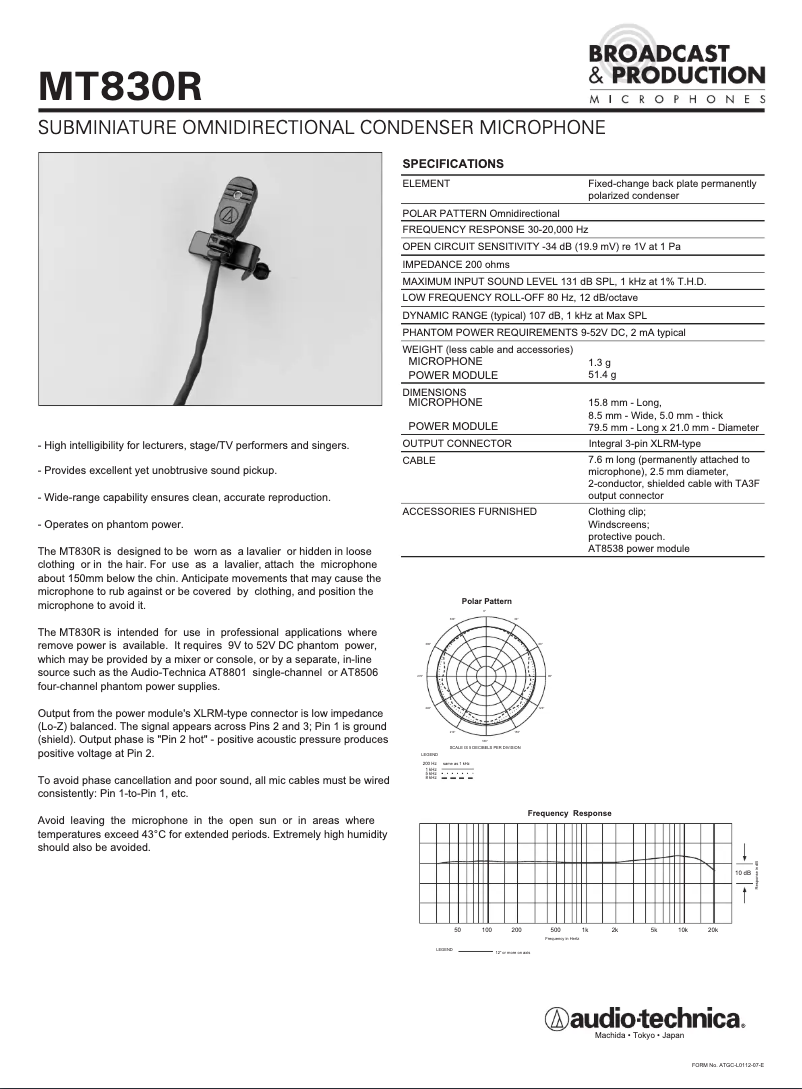 Page 1 de la notice Manuel utilisateur Audio-Technica MT830R