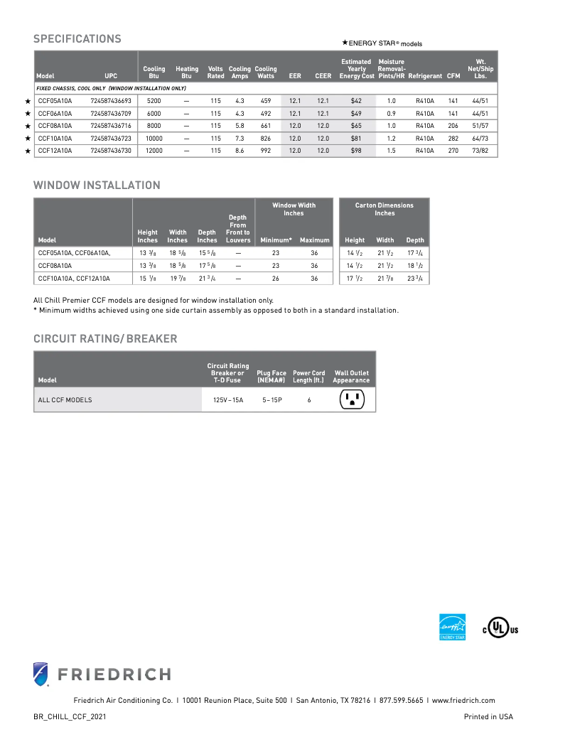 Page 1 of the manual Technical Sheet Friedrich Chill Premier CCF12A10A