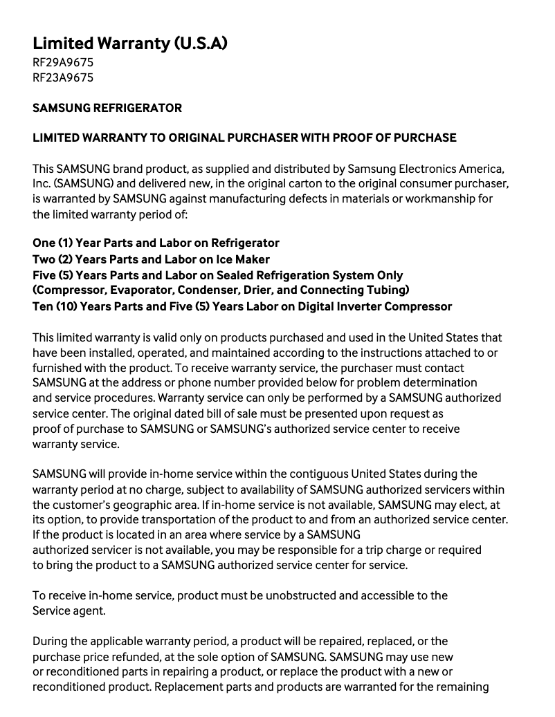 Page 1 of the manual Warranty Information Samsung RF29A9675MT