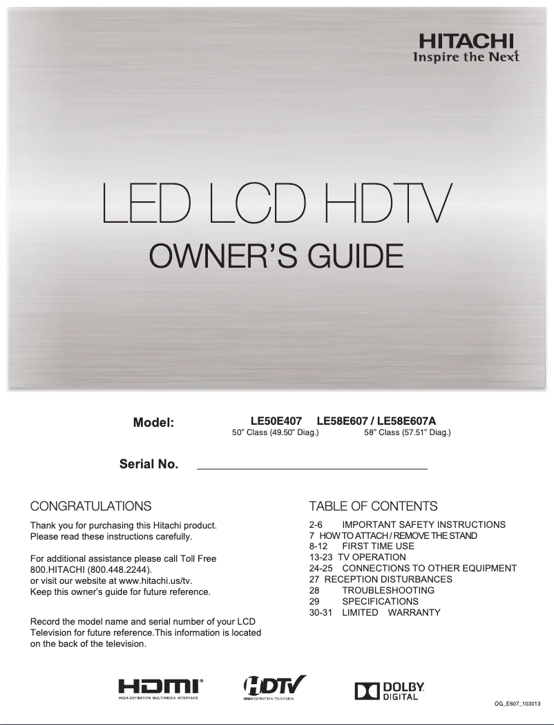 Page 1 of the manual User Manual Hitachi LE50E407