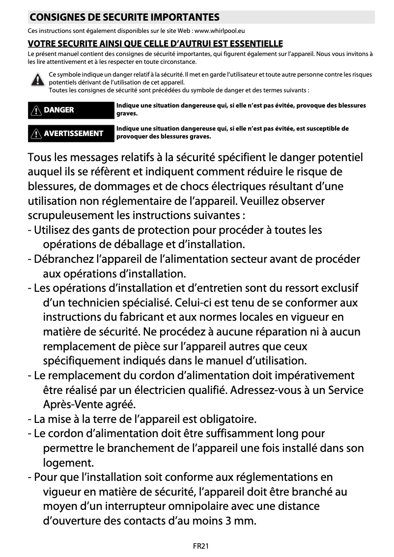 Page 1 de la notice Manuel utilisateur Whirlpool AKZM 768