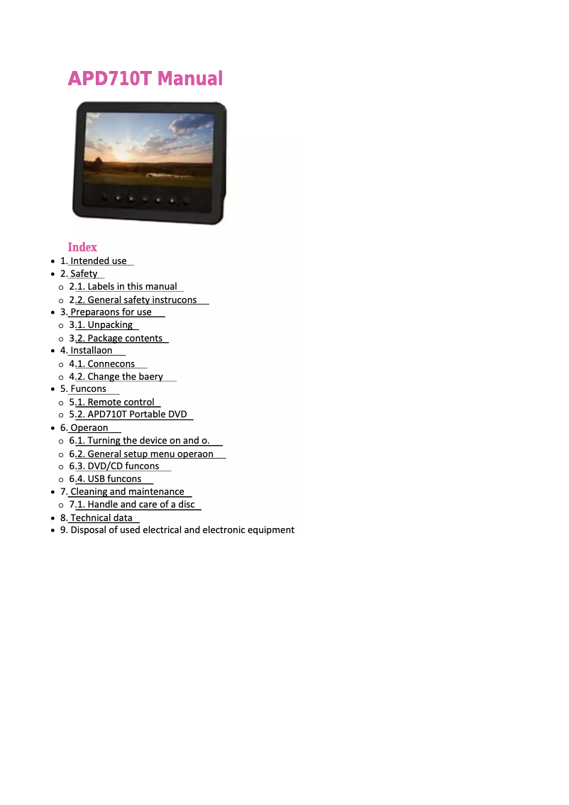 First page image of the manual for APD710T