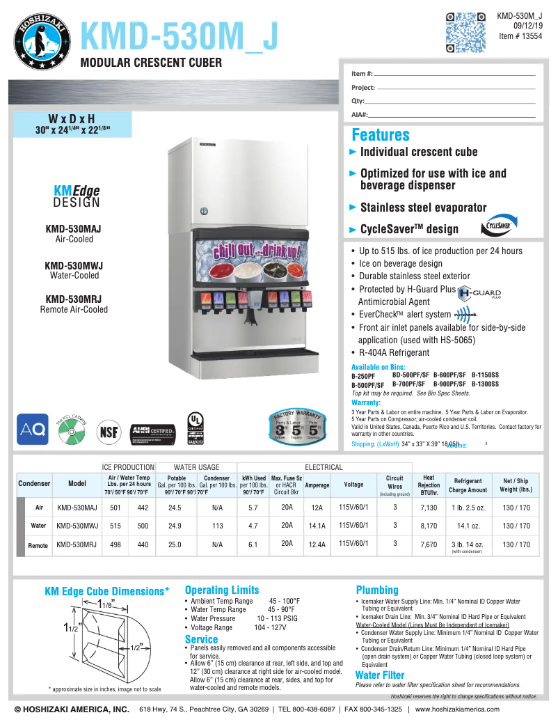 Page 1 of the manual Technical Sheet Hoshizaki KMD-530MAH