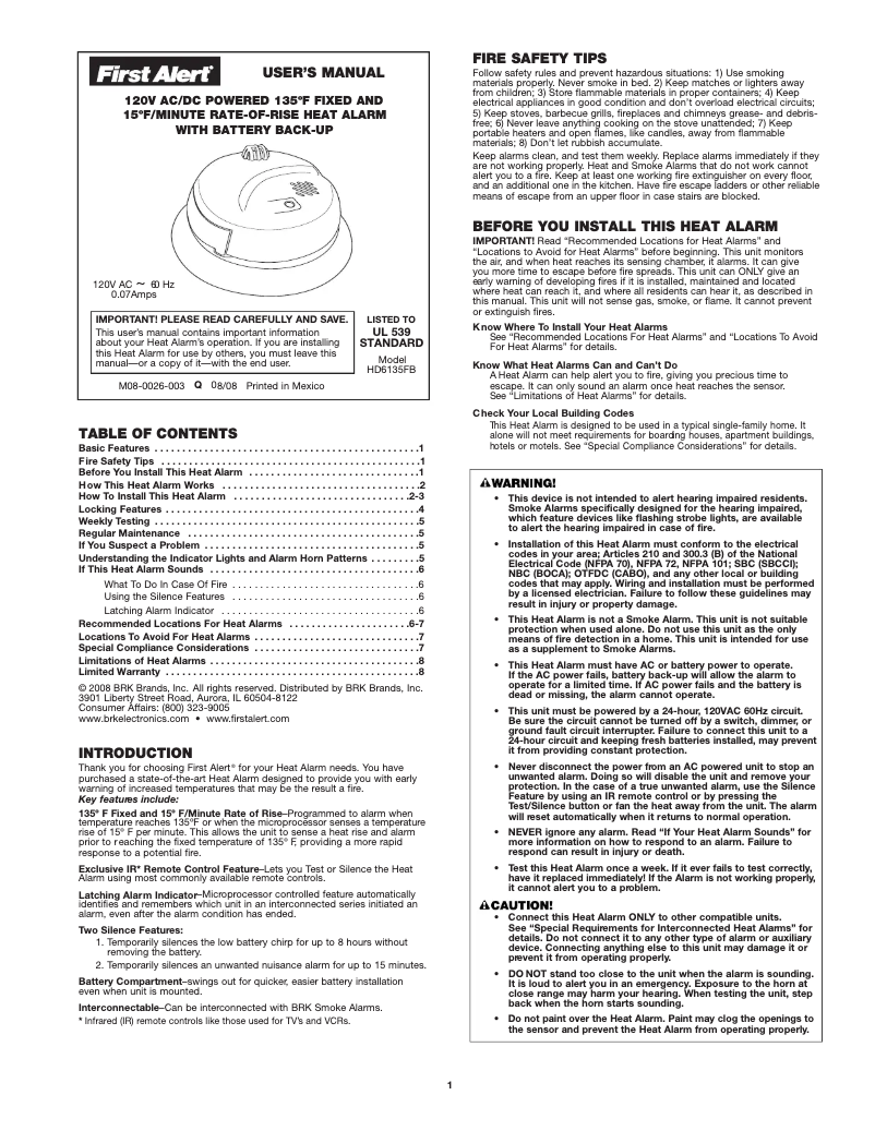 Page 1 of the manual User Manual First Alert HD6135FB