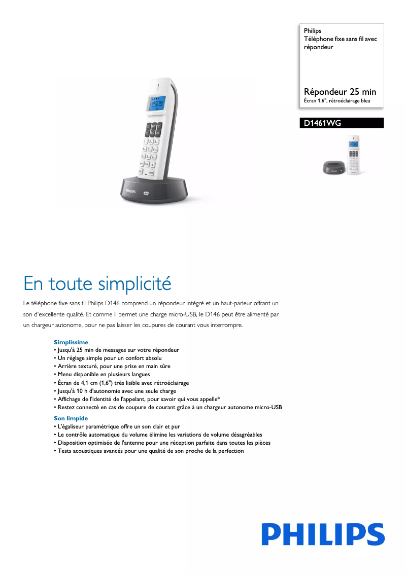 Page 1 of the manual Technical Sheet Philips D1461WG